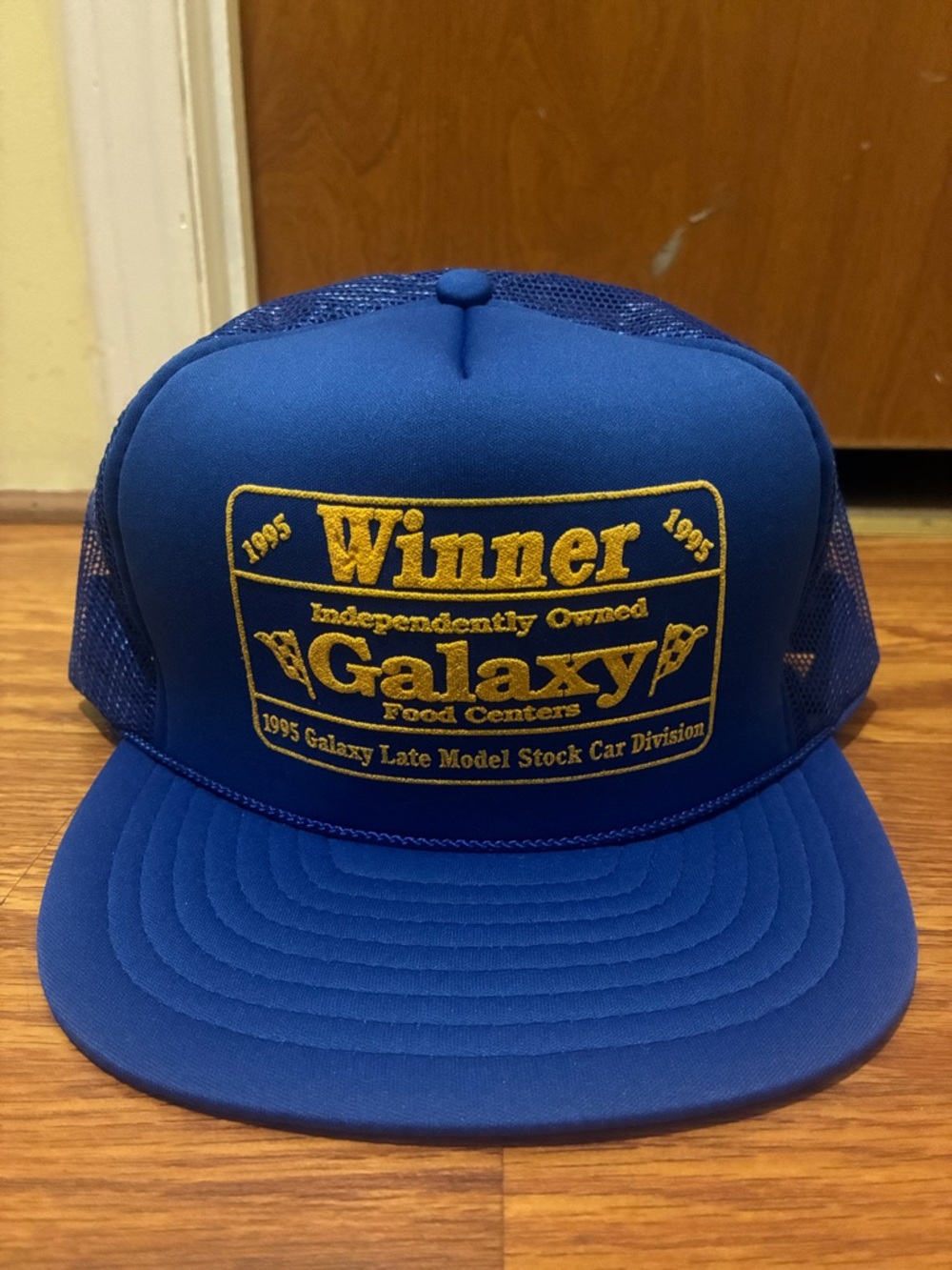 Vintage 1995 Galaxy Blue Trucker Hat with Yellow Embroidery